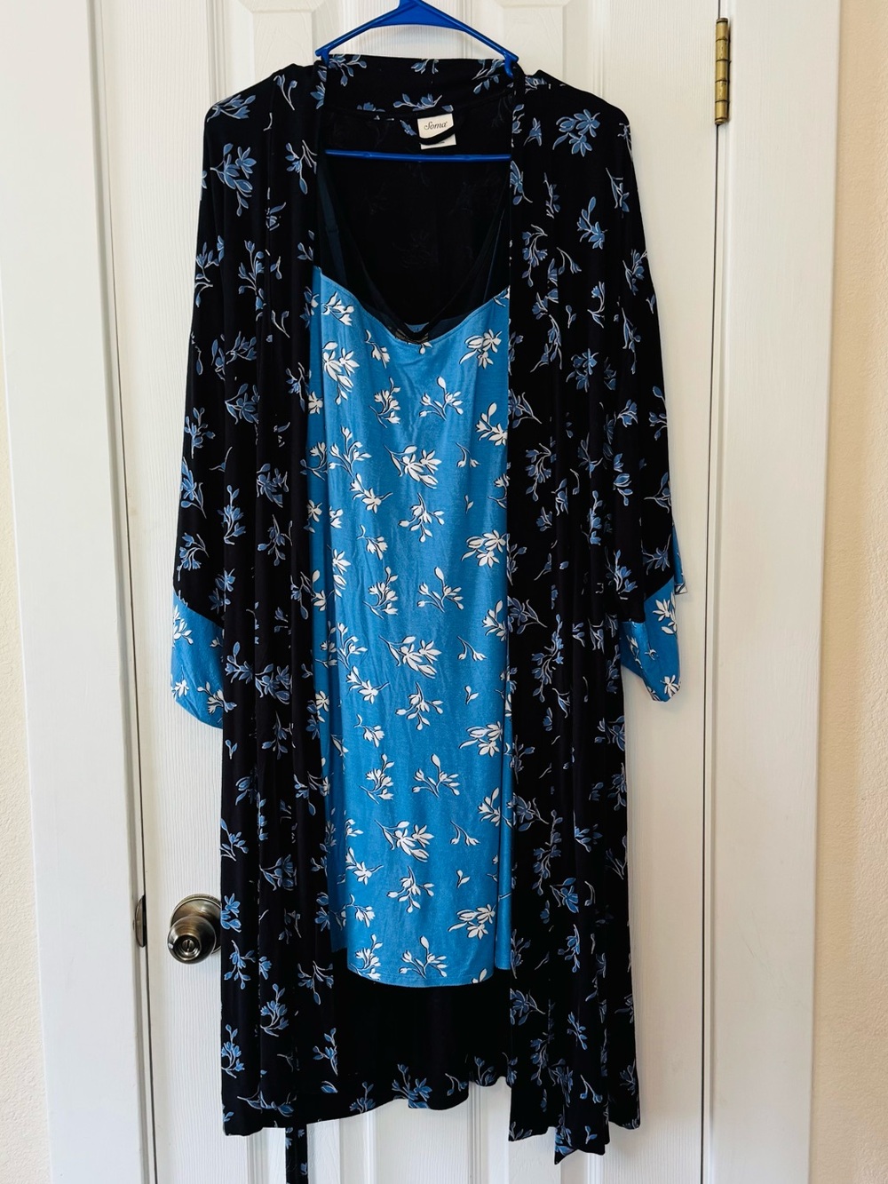 Soma Floral Kimono Robe & Chemise Sleep Set Blue Black White Size M / S-M